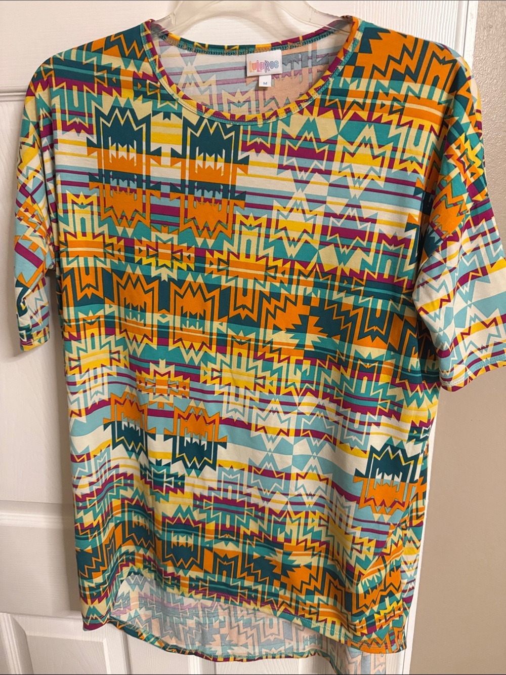 LuLaRoe Men's Geometric Aztec Print Crew Neck Shirt - Teal & Orange